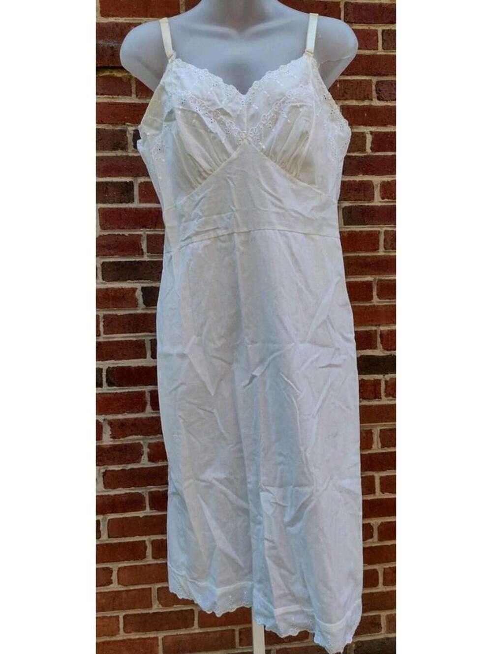 VTG 60s Cream Cotton Blend Slip Dress Eyelet Satin Straps Romantic Cottagecore